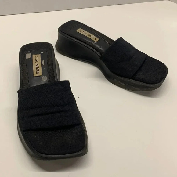 Steve Madden Chonky Sandal Wedges Shoes Slip On Open Toe VTG Y2K 90's Black 7.5 - Picture 3 of 9
